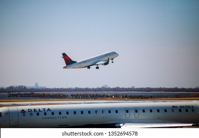 FEB 14, 2019 JFK NEW YORK, USA: DELTA Airlines jet takes off at John F. Kennedy International Airport