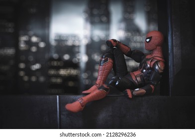 FEB 23 2022: Marvel Comic Book Superhero Spiderman Sitting On A Rooftop - Hasbro Action Figure