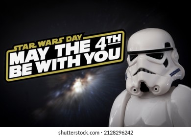 FEB 23 2022: Star Wars Day concept, May the Fourth, May the 4th with stormtrooper - Hasbro action figure