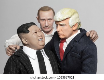 FEB 25 2018: Caricatures of US President Donald Trump, Russian President Vladimir Putin and North Korean Supreme Leader Kim Jong Un grouped together