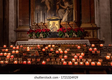 Feb 3, 2020 - Salzburg, Austria: Candles Before Virgin Mary Painting Inside Salzburg Cathedral With Low Light