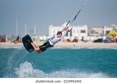 Feb 6th 2022, Dubai UAE, A Kitesurfer While Participating In The Free Style Competition Of Kite Surf Open In Kite Beach