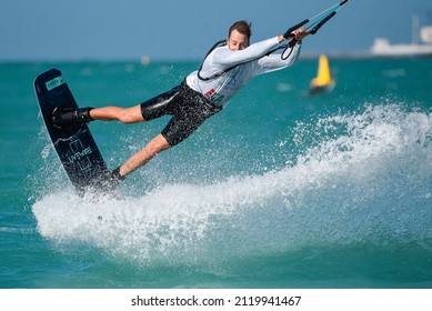 Feb 6th 2022, Dubai UAE, A Kitesurfer While Participating In The Free Style Competition Of Kite Surf Open In Kite Beach