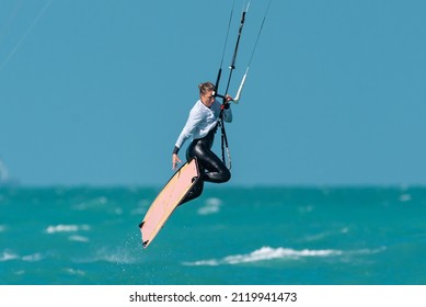 Feb 6th 2022, Dubai UAE, A Kitesurfer While Participating In The Free Style Competition Of Kite Surf Open In Kite Beach