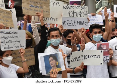 February 10, 2021: Myanmar Protesters  Residents Of Thailand Gather For Anti-government Activities In Myanmar.  Outside Bangkok Art And Culture Center, Pathumwan Intersection, Bangkok.