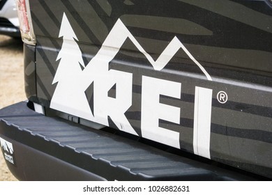 February 11, 2018 Los Gatos / CA / USA - Recreational Equipment, Inc. (or REI As Commonly Referred To) Logo Printed On One Of The Company's Cars