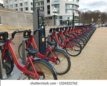 February 13, 2018- Washington, DC, USA: Capital Bikeshare Bikes At Dock Station