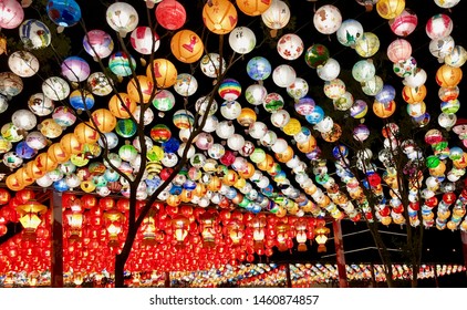 February 13, 2019 - Kaohsiung Taiwan : Lots of colorful lantern hang everywhere during Lantern Festival, and light the night. People always walk around the city with families and friends.