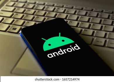 February 18, 2020, Brazil. In This Photo Illustration The Android Logo App Is Seen Displayed On A Smartphone.