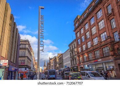 February 20, 2017: Glasgow's Merchant City Sign, Argyle Street, Glasgow, Scotland, UK