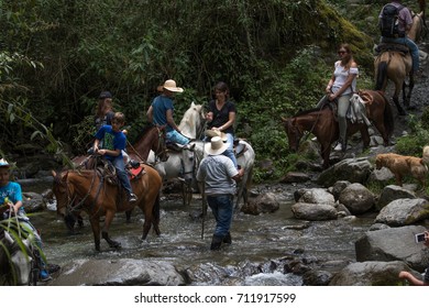 February 20, 2017 Valle de Cocora, Colombia: tourists on horse back crossing a river in the jungle