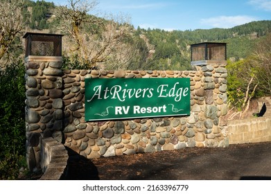 February 20, 2022: At Rivers Edge RV Resort in Brookings Oregon USA, entrance sign. 