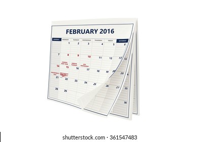 February 2016 Calendar (Valentine's Day, Ash Wednesday, Shroves Tuesday, USA President's Day, Canada National Family Day & Flag Day) Isolated On White Background