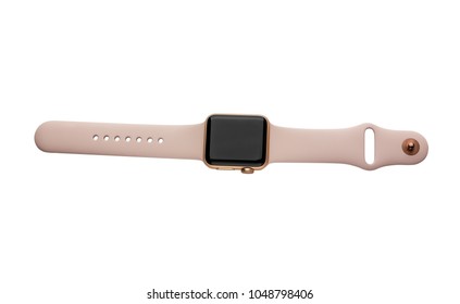 February 2018. Apple Watch Series 3 colors "pink sand". A new watch from an APPLE company close-up isolated on a white background.