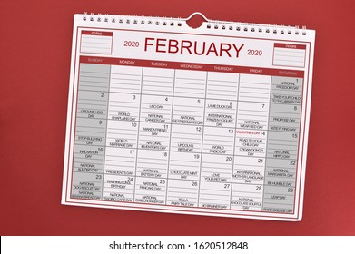 February 2020 Calendar on red background