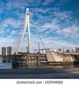 February 2021, Erasmus Bridge in Rotterdam The Netherlands with beautiful blue sky. 