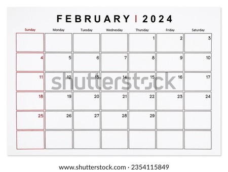 February 2024 monthly calendar page isolated on white background, Saved clipping path.