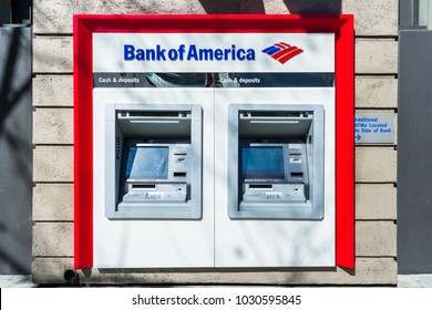 February 21, 2018 San Jose / CA / USA - Bank of America ATM's located at one of the bank's branches, San Francisco bay area