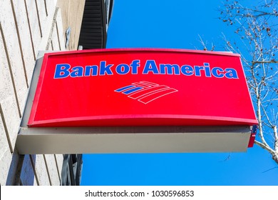 February 21, 2018 San Jose / CA / USA - Bank of America logo above the entrance to one of the bank's branches, San Francisco bay area