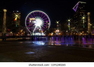 February 21, 2018. SkyView Ferris Wheel In Centennial Park At Night. Atlanta, Georgia, USA.