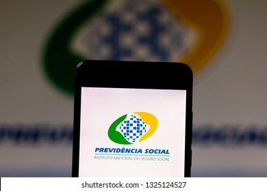 February 27, 2019, Brazil. Social Security Logo (INSS) Displayed On The Screen Of The Mobile Device. Concept Of Retirement, Pension And Rights.