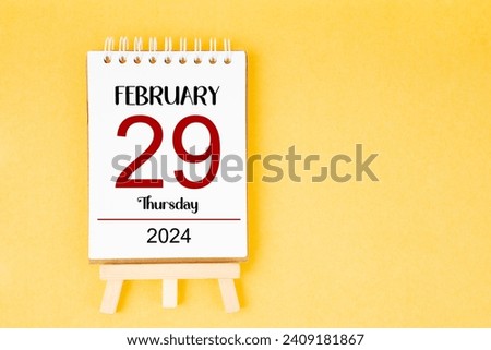 February 29th calendar for February 29 2024 on yellow background. Leap year, intercalary day, bissextile.