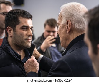 February 4, 2020, Concord, New Hampshire: Democratic Candidate Joe Biden Is Talking To A Young Man Voter After Speech At The International Brotherhood Of Electrical Workers Local Union 490.