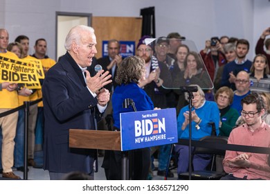 February 4, 2020, Concord, New Hampshire: Democratic Candidate Biden Is Holding A Microphone While Talking To Voters During Rally At The International Brotherhood Of Electrical Workers Local Union 490