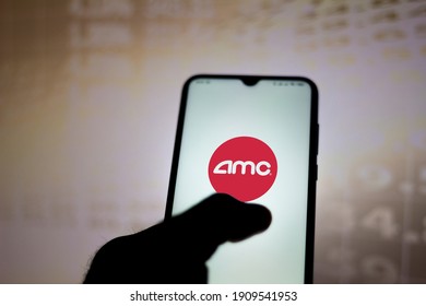 February 4, 2021, Brazil. In This Photo Illustration The AMC Entertainment Holdings Logo Seen Displayed On A Smartphone Screen