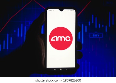 February 4, 2021, Brazil. In This Photo Illustration The AMC Entertainment Holdings Logo Seen Displayed On A Smartphone Screen