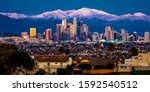 FEBRUARY 6, 2019 - LOS ANGELES, CA, USA - "City of Angeles" - Los Angeles Skyline framed by San Bernadino Mountains and Mount Baldy with fresh snow from Kenneth Hahn State Park