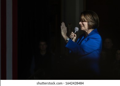 February 8, 2020, Durham, New Hampshire: Close Up Profile Shot Of Amy Klobuchar Raising Left Hand During A Rally At Huddleston Ballroom Of The University Of New Hampshire.