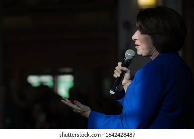 February 8, 2020, Durham, New Hampshire: Close Up Back Shot Of Democratic Candidate Amy Klobuchar During A Rally At Huddleston Ballroom Of The University Of New Hampshire.