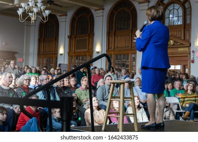 February 8, 2020, Durham, New Hampshire: Wide Back Shot Of Amy Klobuchar Holding A Rally At Huddleston Ballroom Of The University Of New Hampshire.