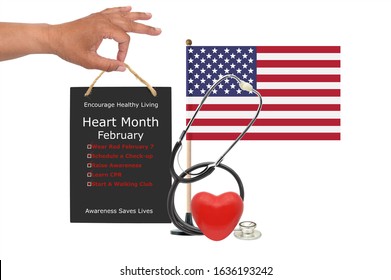 February Heart Month Blackboard Sign With American Flag And Stethoscope White Background