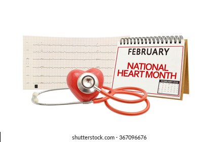 February Heart Month Calendar Stethoscope Electrocardiograph Isolated On White Background