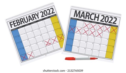 February March 2022 Calendar Counting Days Of Russian Invasion Into Ukraine