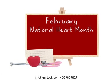 February National Health Month Red Board Stethoscope Red Heart Electrocardiograph Isolated On White Background