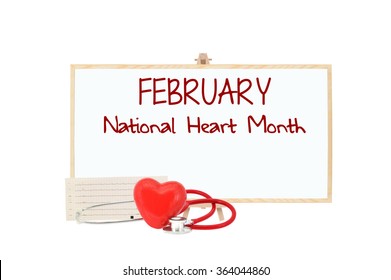 February National Heart Month Blackboard Red Heart Stethoscope Isolated On White Background