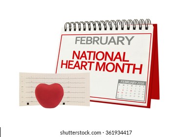 February National Heart Month Electrocardiograph Red Heart Isolated On White Background