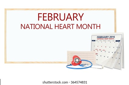 February National Heart Month White Board Calendar Pages Turning Stethoscope On Red Heart With Electrocardiograph Isolated On White Background