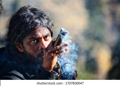 February,2020,a Man Smoking Chillam At Kullu District Of  Himachal Pradesh,india