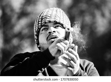 February,2020,a Man Smoking Chillam At Kullu District Of  Himachal Pradesh,india