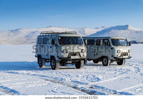 Febuary 28 2020, Baikal lake,\
Siberia, Russia : Traveling by specific car named wase on the Lake\
Baikal. This trip is popular for the winter time of Lake\
Baikal.