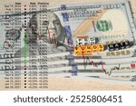 The Fed Interest rates policy concept. USD Bank Notes overlay with Fed Funds Rate table and  Government Bond Yield  chart vs time showing the relationship between them