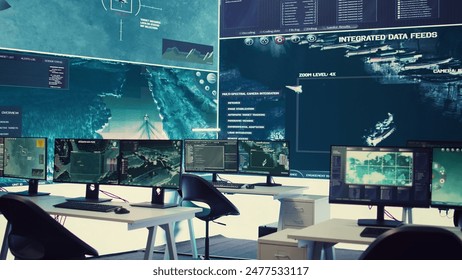 Federal anti terrorism command center with a big screen and radar surveillance used for reconnaissance on satellite system. Empty military control room transmitting mission oversight.