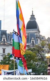 Federal Capital, Buenos Aires, Argentina - September 1, 2017: Wiphala And Mapuche Flags Waving At Mobilization For Justice During The First Month Of Forced Disappearance Of Santiago Maldonado