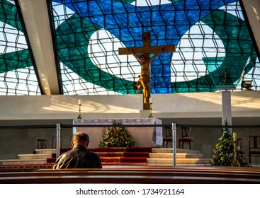 Federal District - Brasília - Brazil Dec 28, 2014. 
View From Inside The Metropolitan Cathedral Of Brasilia. 
Stained Glass By: Marianne Peretti
Architect: Oscar Niemeyer