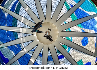 Federal District - Brasília - Brazil Dec 28, 2014. 
View From Inside The Metropolitan Cathedral Of Brasilia. 
Stained Glass By: Marianne Peretti
Architect: Oscar Niemeyer