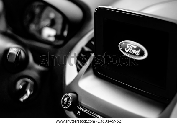 Brasília, Federal District - Brazil. March 27,\
2019. Photo of the interior of a Ford Ka Ka vehicle 2019.\
Multimedia center with brand\
logo.